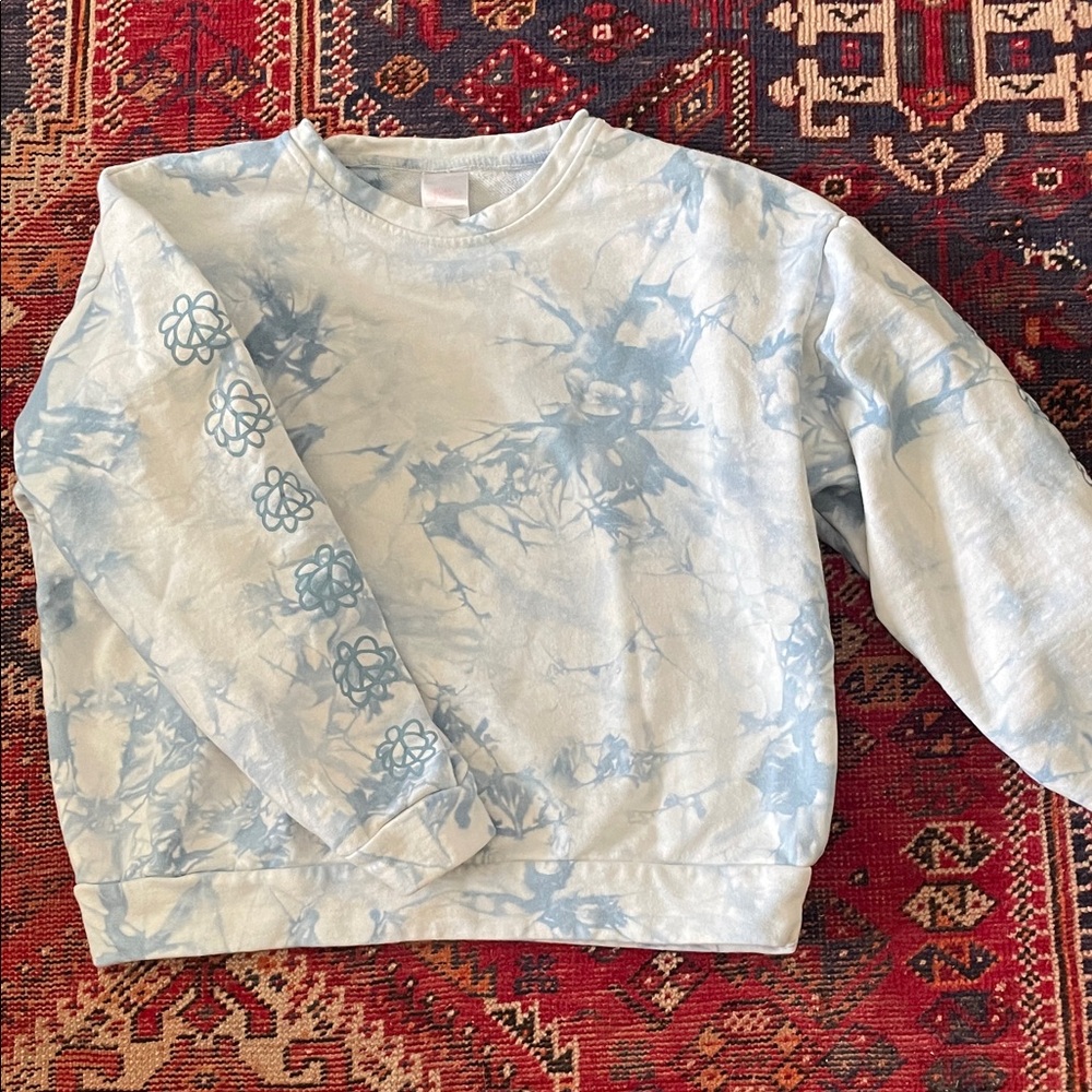 Petals and Peacocks Blue Tie-Dye Sweatshirt with Floral Sleeve